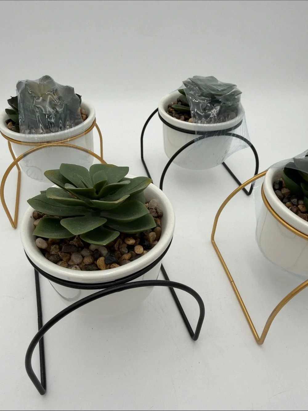 Set Of 4 White Ceramic Succulent Planter with Black and Gold Metal Stands